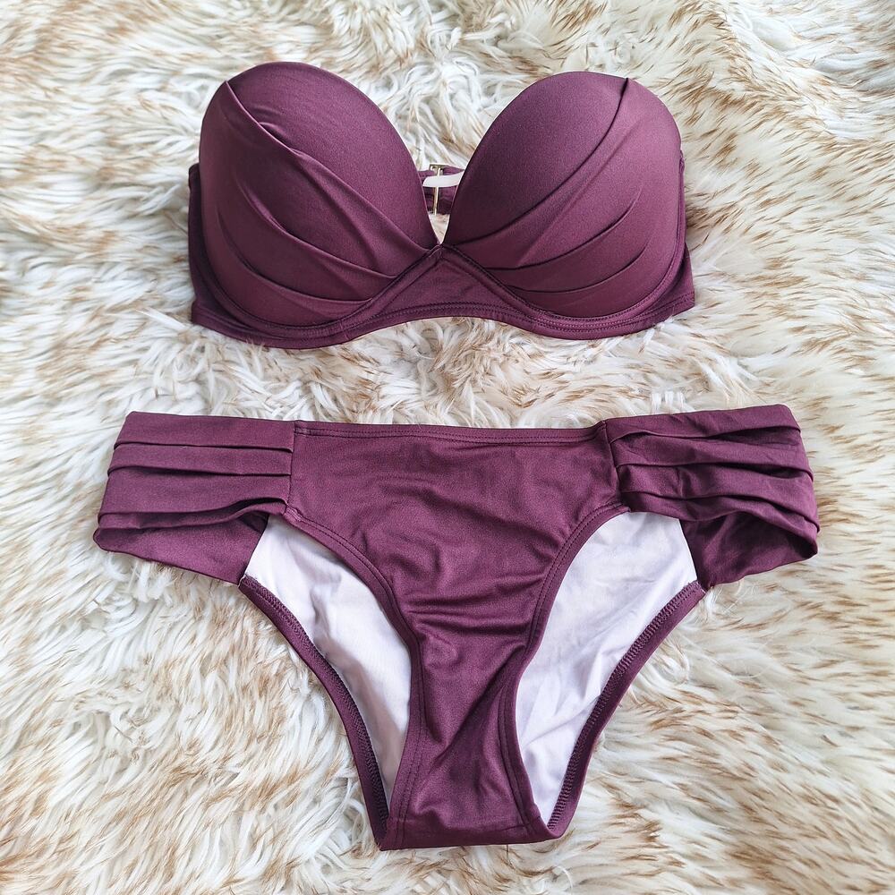 Victoria‎ Secret Sexy Maroon Push up bikini set strapless swim top 36D bottoms L